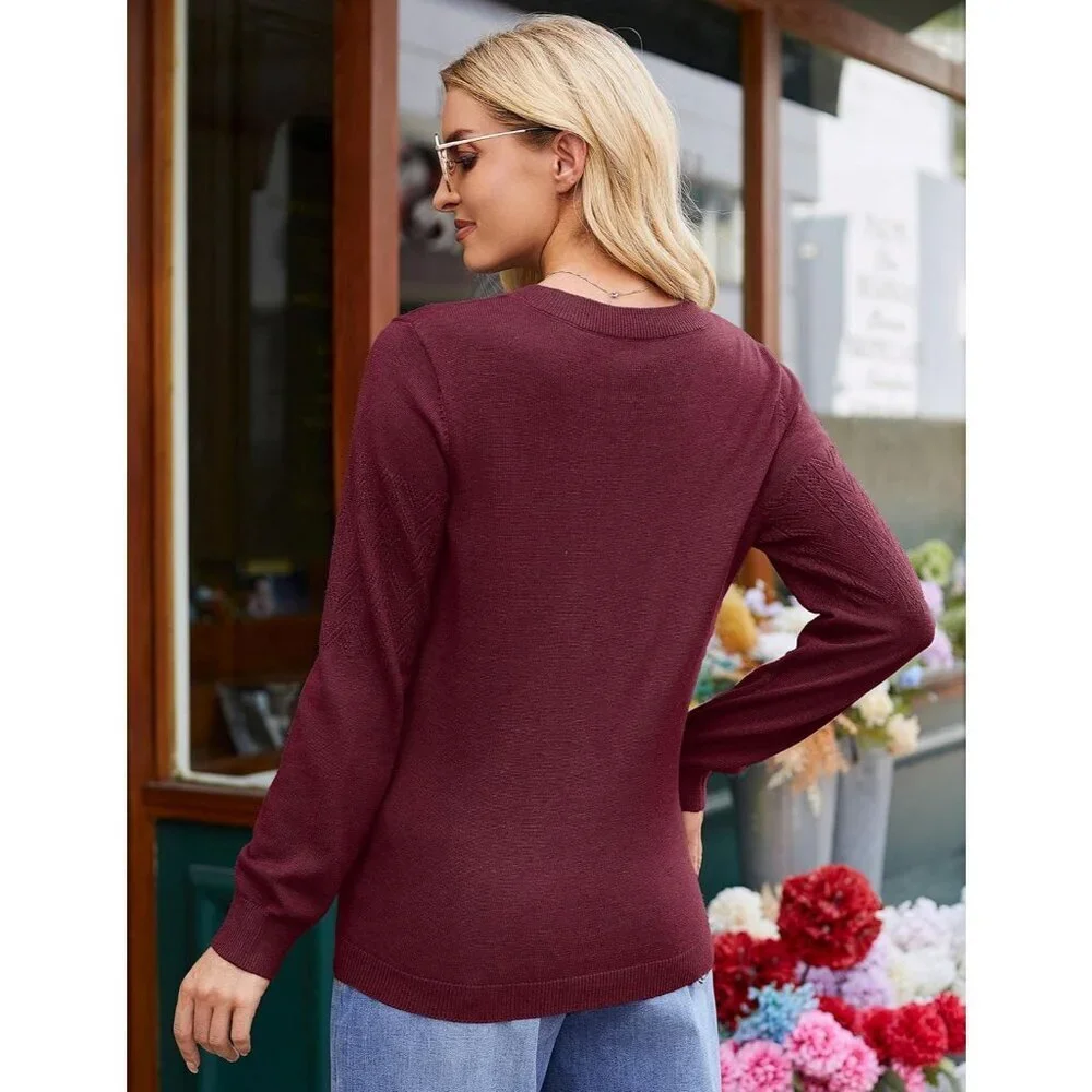 Women's Wine Red Wool Long Sleeve Crochet Pullover V Neck Lightweight Sweater - Picture 4 of 7